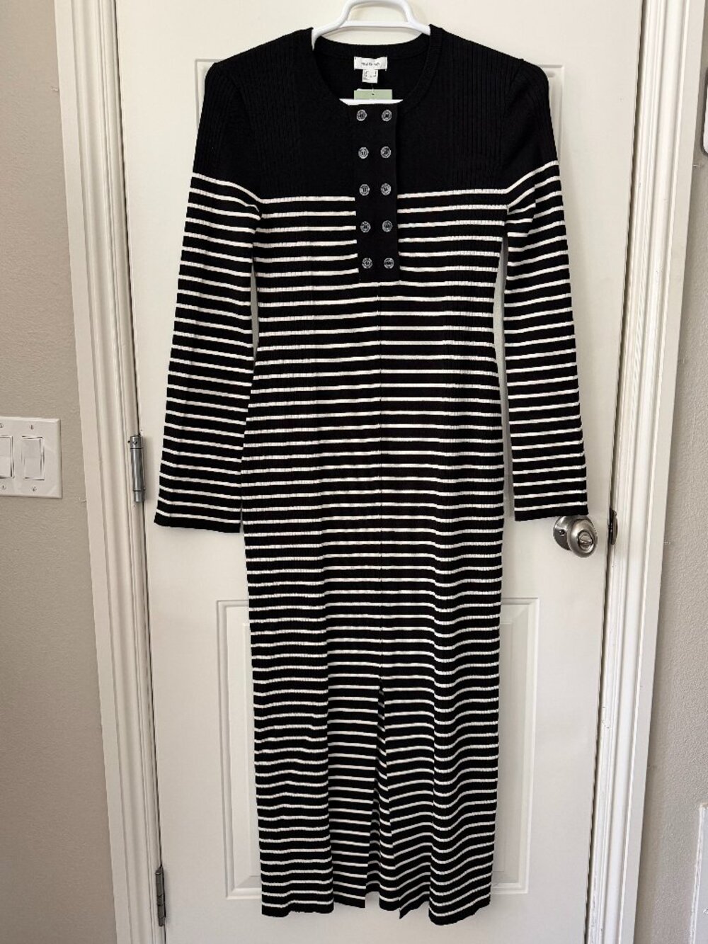 H&M Edition Long Rib Knit Maxi Dress M Black White Striped NWT Button Slit